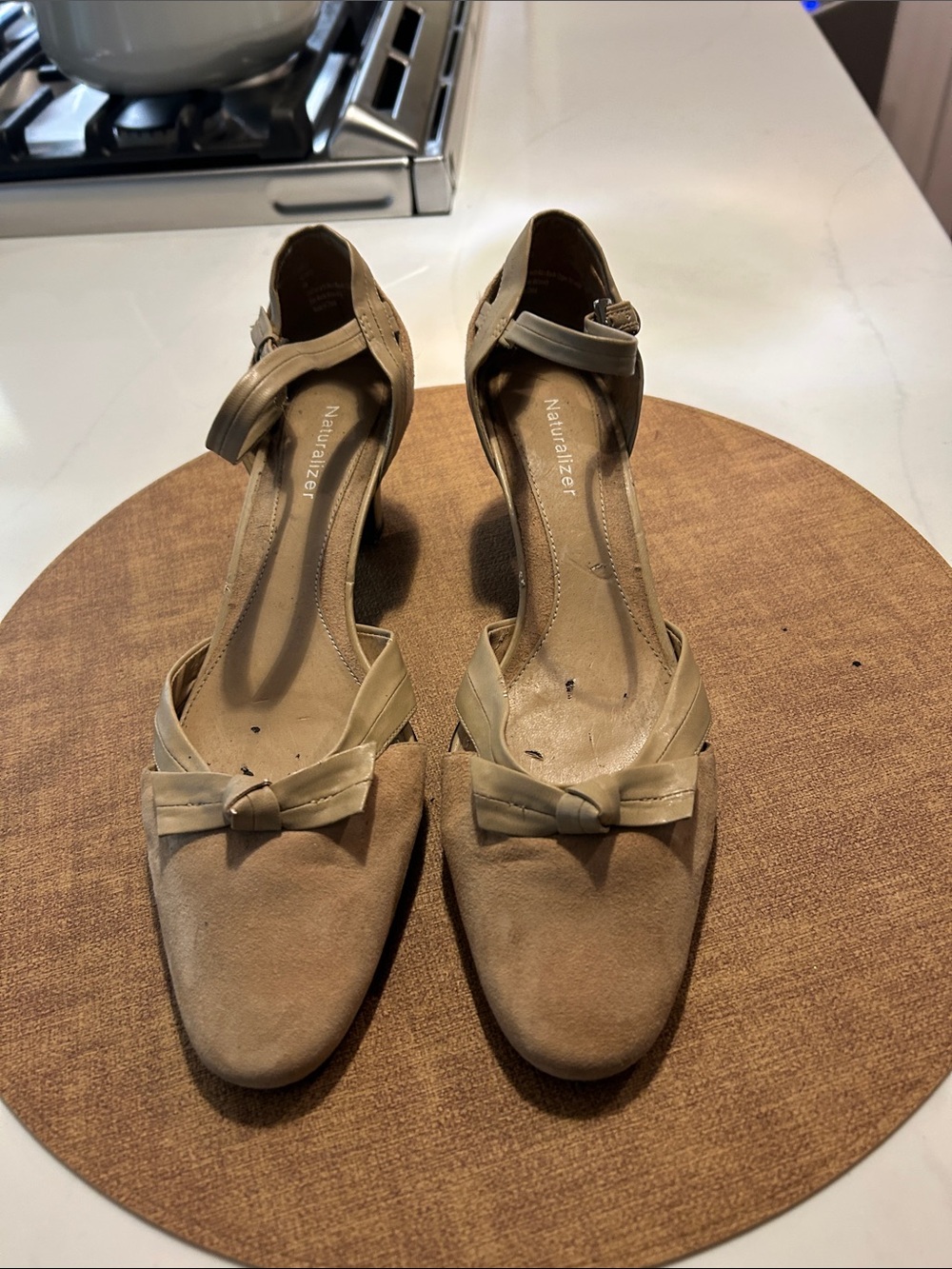 Naturalizer Taupe Suede Bow Ankle-Strap Heels 2”